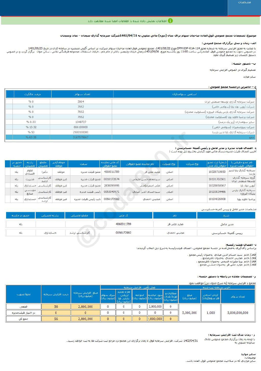 افزایش سرمایه وسبحان